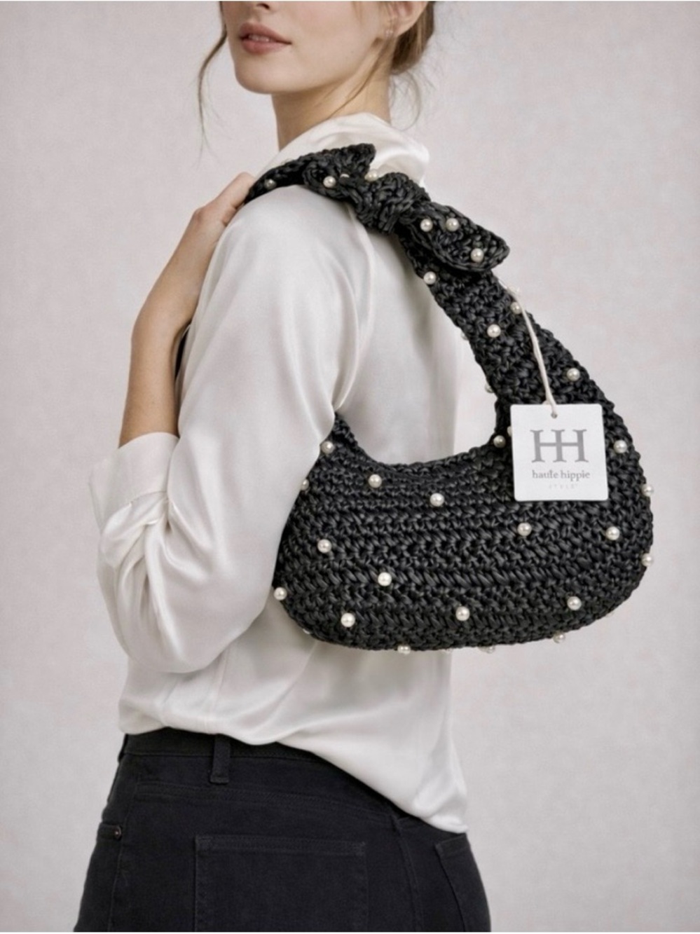 NWT Haute Hippie Black Pearl-Embellished Raffia bag w/ zipper and pocket